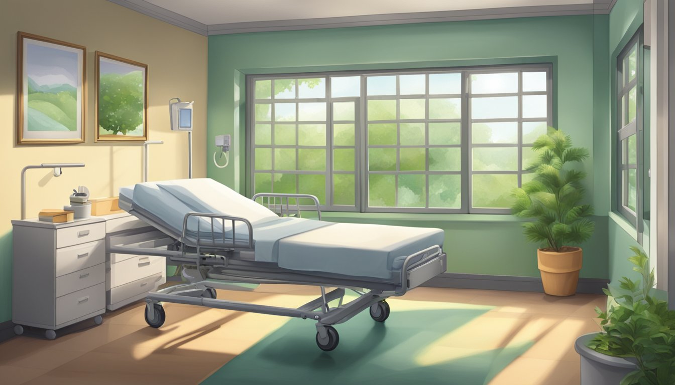 A hospital room with a single bed, medical equipment, and a window looking out onto a peaceful garden