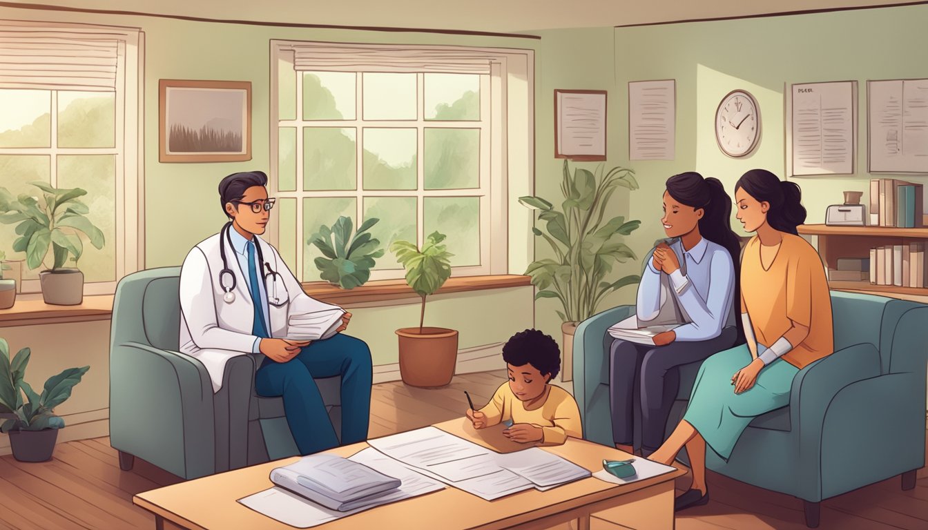 A doctor explaining a dread disease insurance plan to a concerned family in a cozy office setting