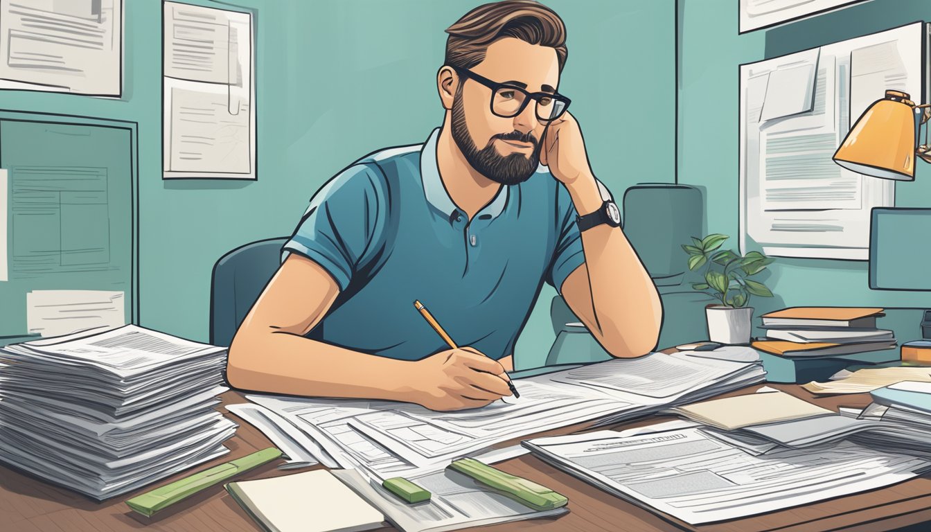 A person sitting at a desk, surrounded by paperwork and insurance brochures. They are comparing a dread disease insurance plan to other insurance products