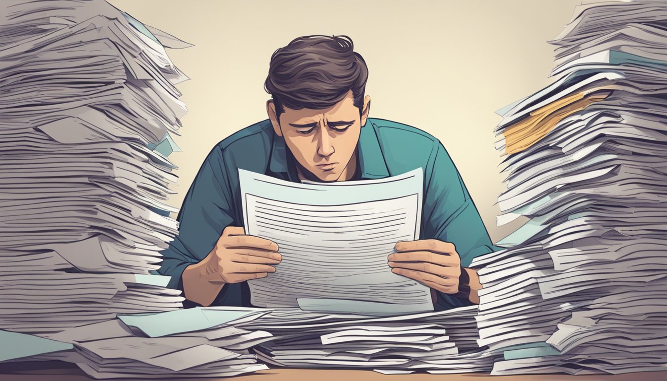 A worried person staring at a pile of medical bills and insurance documents