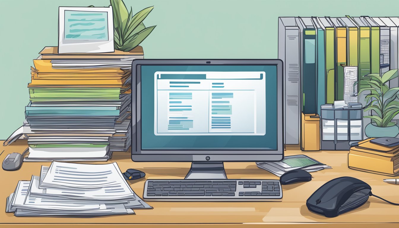 A desk with a computer, paperwork, and a phone. A stack of files labeled "Enrollment" and "Claims" sits next to a brochure for a dread disease insurance plan