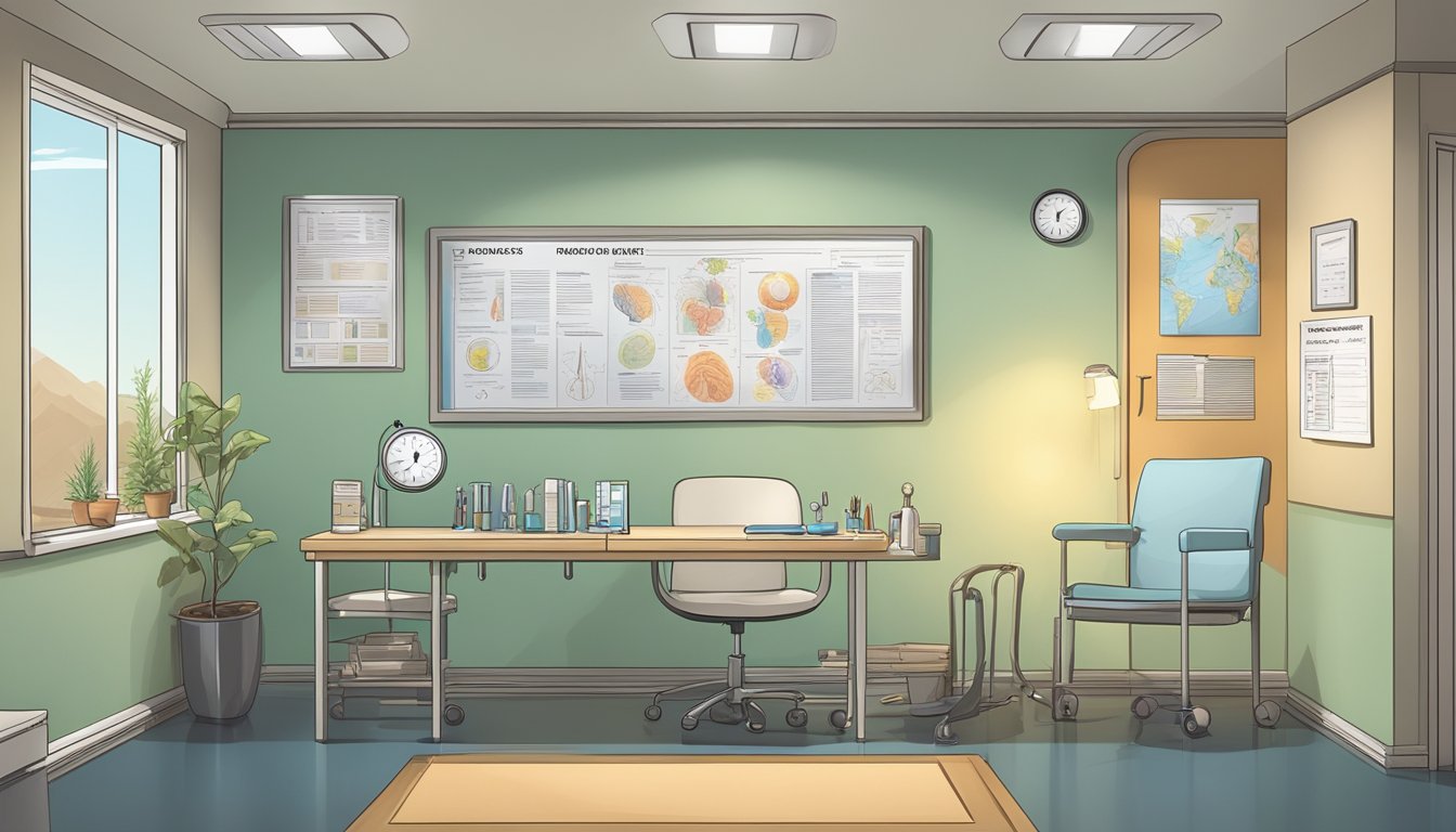 A doctor's office with a stethoscope and medical chart on the desk, a poster of human anatomy on the wall, and a pamphlet about dread disease policy on the waiting room table