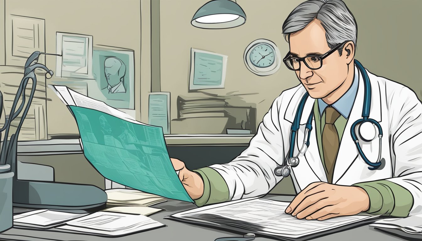 A doctor reviewing a chart of dread disease policy coverage