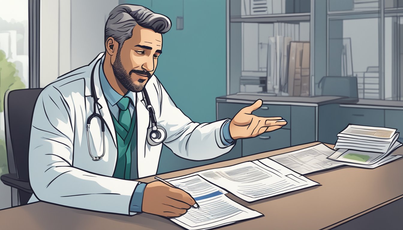 A doctor sitting at a desk, explaining a dread disease policy to a concerned patient. The doctor gestures towards a brochure and points to specific sections as they speak