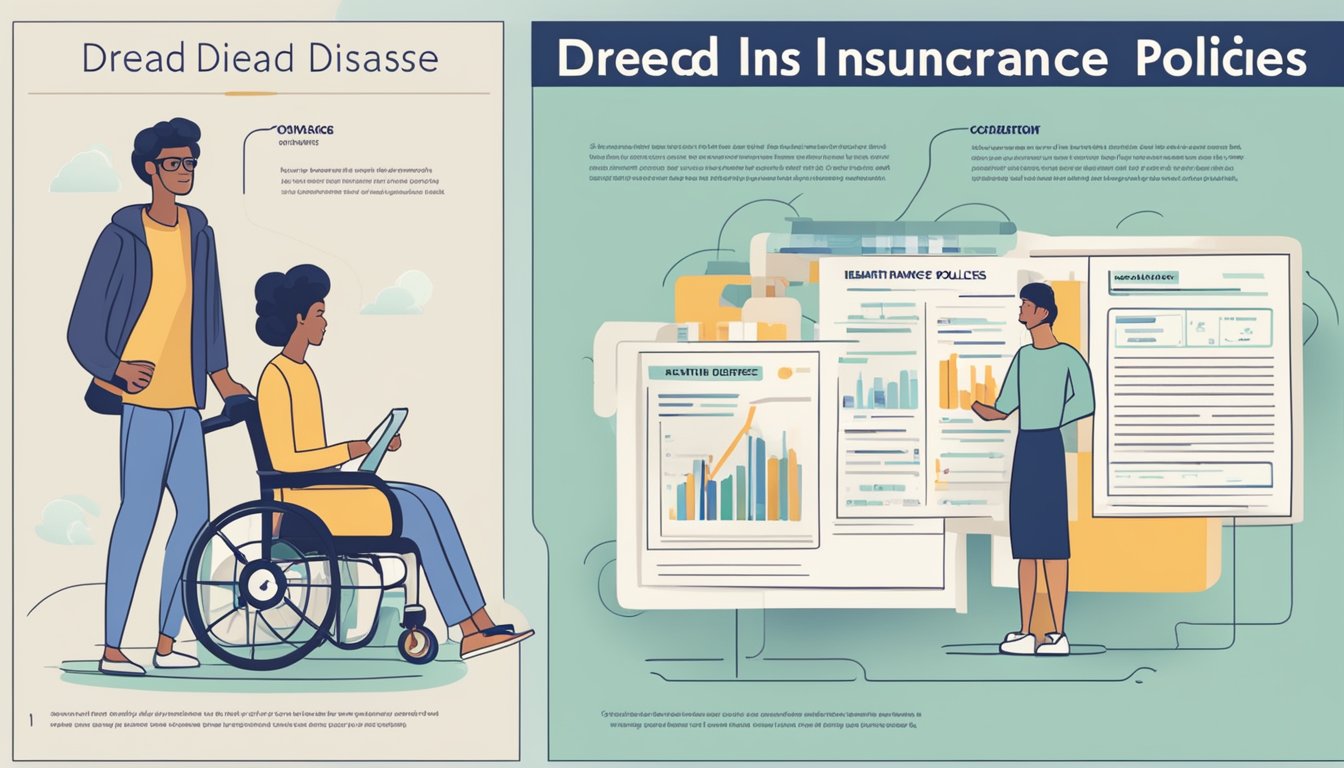 A person reviewing two different insurance policies, with one labeled "Dread Disease" and the other labeled "Health Policies," while comparing the benefits and coverage of each