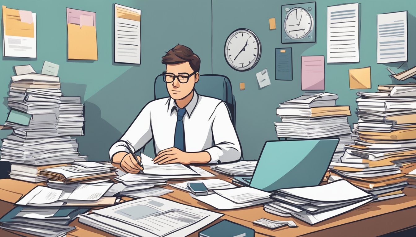 A person sitting at a desk surrounded by medical documents and insurance paperwork, looking stressed and overwhelmed