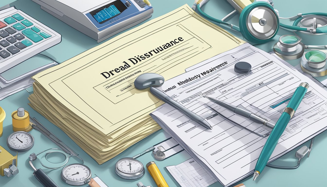 A stack of official documents and industry guidelines on dread disease insurance, surrounded by medical equipment and a scale representing regulations