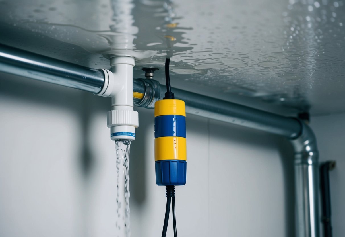 A pipe leaks water onto a ceiling. An acoustic leak detector is placed nearby, alerting to the sound of the water dripping