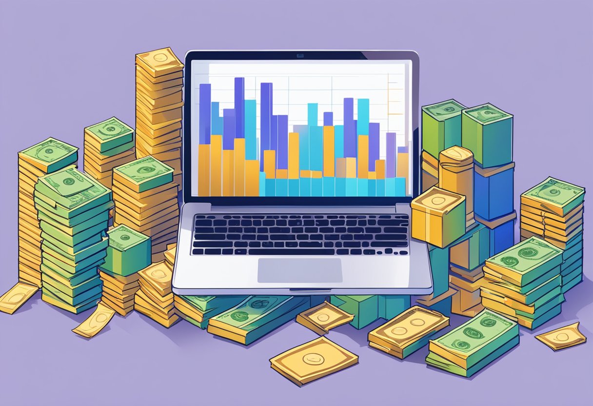 A laptop surrounded by stacks of cash and a graph showing increasing profits