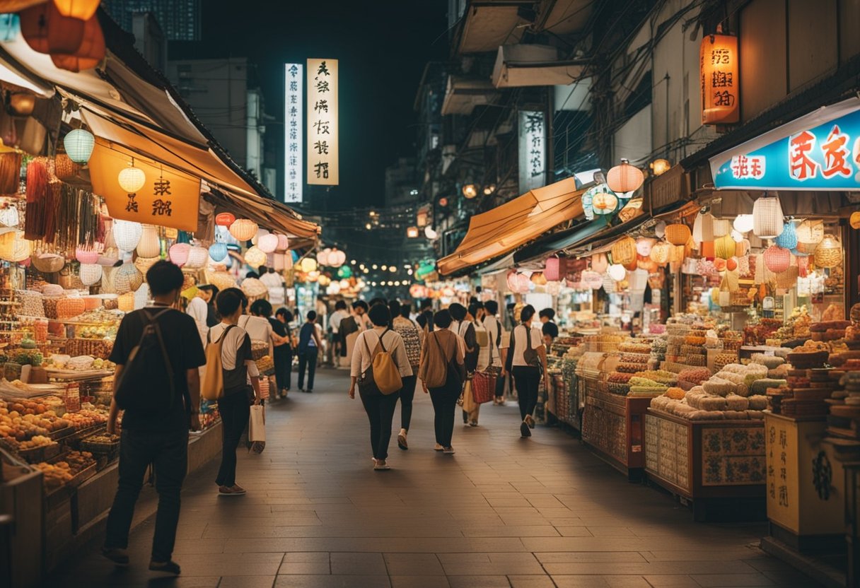 A bustling street in Taipei lined with vibrant souvenir shops, displaying an array of traditional crafts, trinkets, and Taiwanese delicacies
