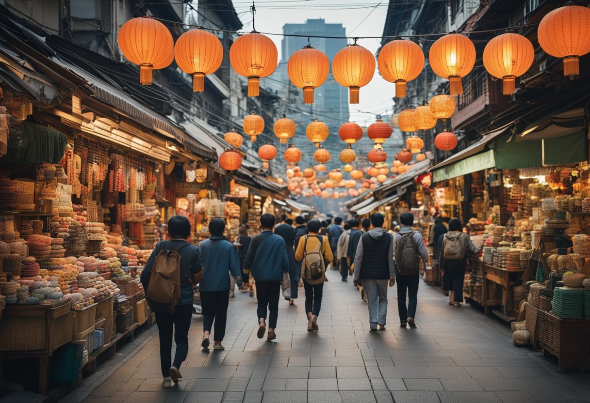 A bustling market street in Taipei, lined with colorful storefronts selling traditional crafts and souvenirs. Tourists browse through shelves filled with intricate ceramics, delicate textiles, and other culturally significant items