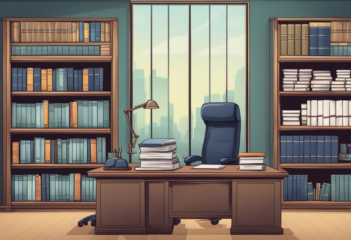 A lawyer's office with a desk, computer, and shelves of legal books. A sign outside reads "Medical Malpractice Lawyer."