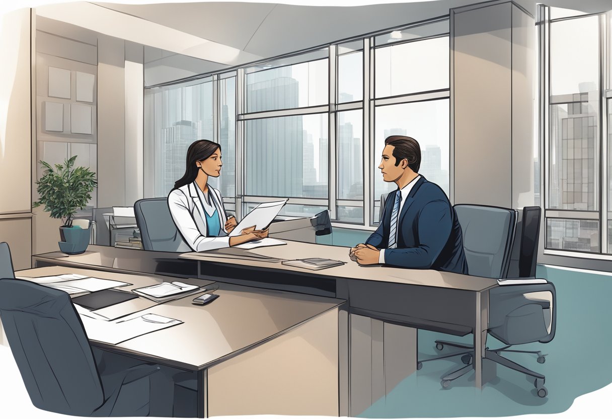 A medical malpractice lawyer consulting with a client in a modern office setting