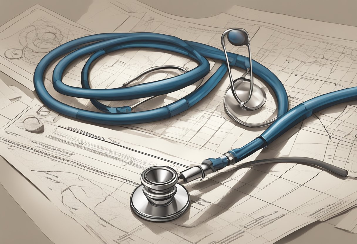 A doctor's stethoscope tangled in a knot, a cracked medicine vial, and a shadowy figure looming over a patient's chart