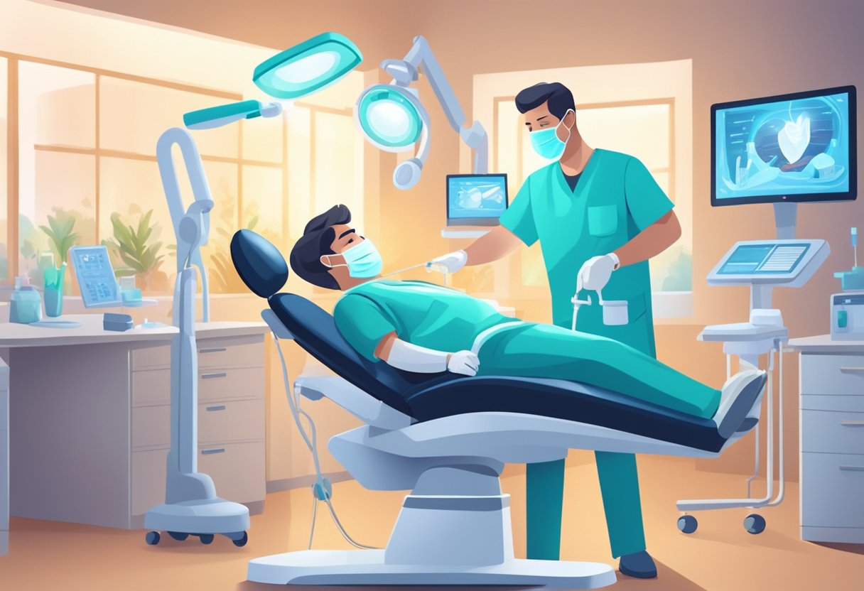 A dentist swiftly operates on a patient's tooth, surrounded by bright lights and medical equipment