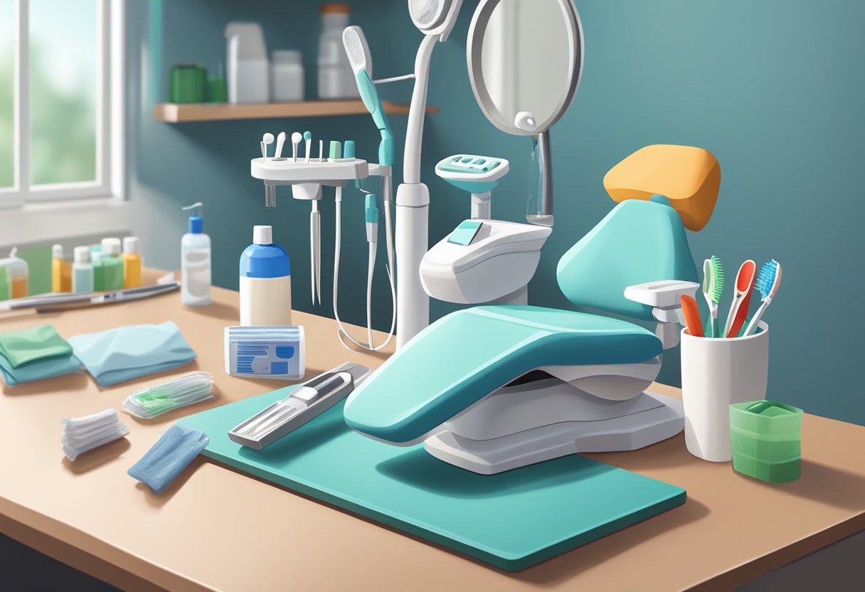 A dentist's office with dental tools, toothbrushes, floss, and a first aid kit on a clean, organized countertop