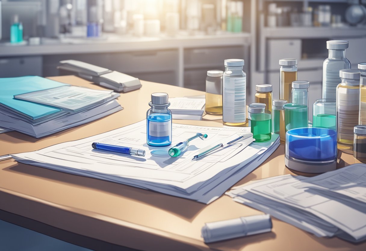 A vial of testosterone sits on a lab table, surrounded by medical equipment and research papers. The room is brightly lit, with a sense of scientific precision