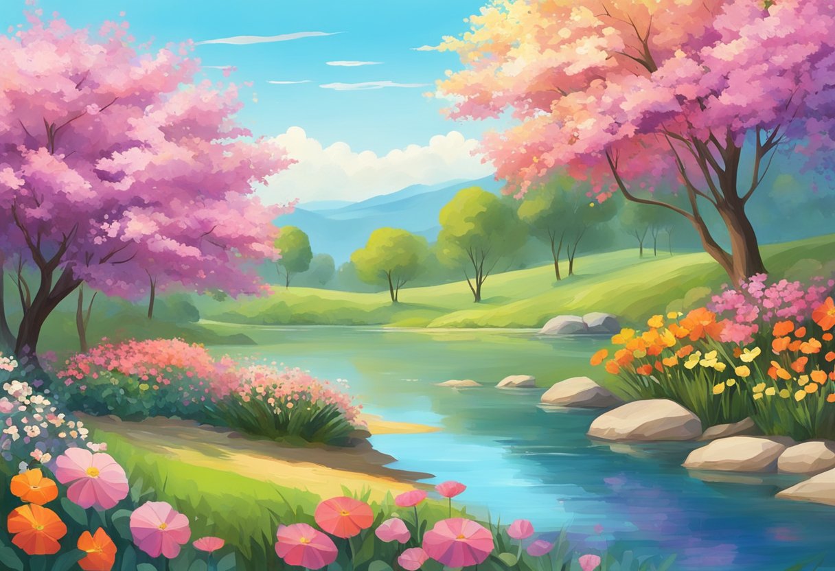 A serene landscape with vibrant, blooming flowers and a clear blue sky, evoking a sense of vitality and well-being