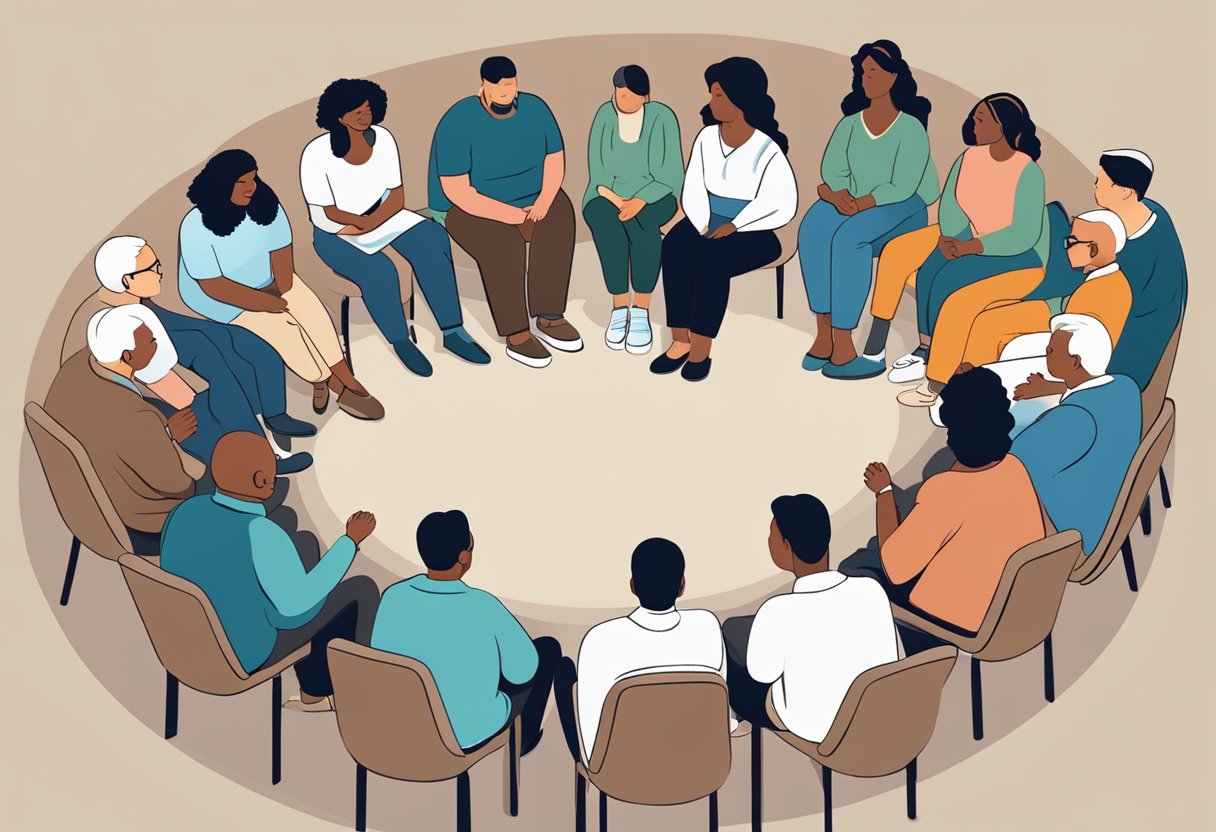 A diverse group of people sitting in a circle, engaged in a supportive discussion. A sign with "Affordable Mental Health Services" displayed prominently