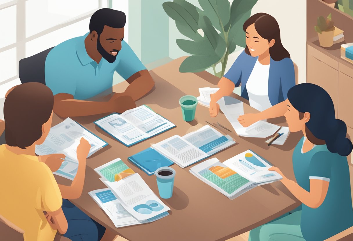 A family of four sitting around a table, discussing health insurance options. A variety of healthcare pamphlets and brochures are spread out on the table