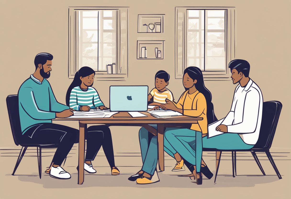 A family of four sits around a table, reviewing documents and discussing health insurance options. A laptop and paperwork are spread out in front of them, as they weigh their choices