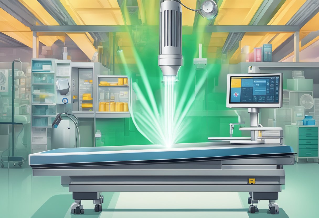 A laser beam cutting through a dollar sign symbol, surrounded by medical equipment and a price tag