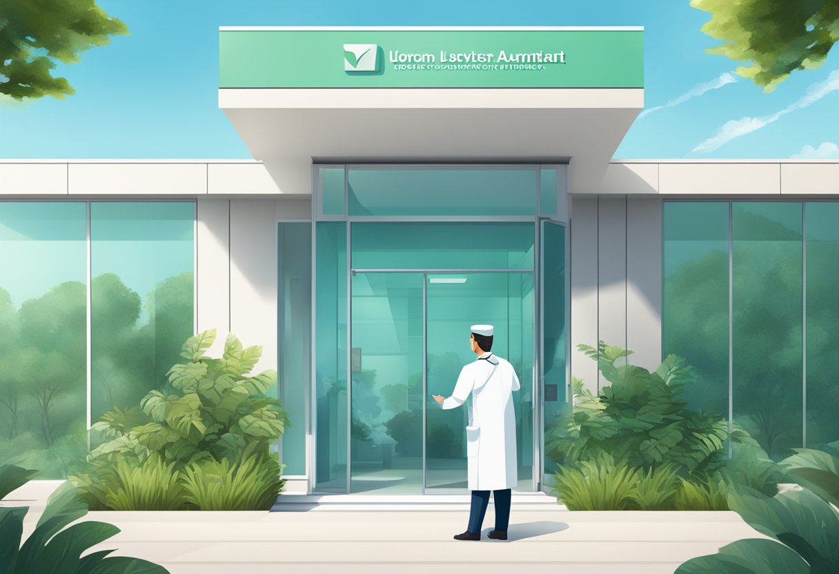 A modern clinic exterior with a prominent sign, surrounded by lush greenery and a clear blue sky, with a surgeon in a white coat greeting a patient at the entrance