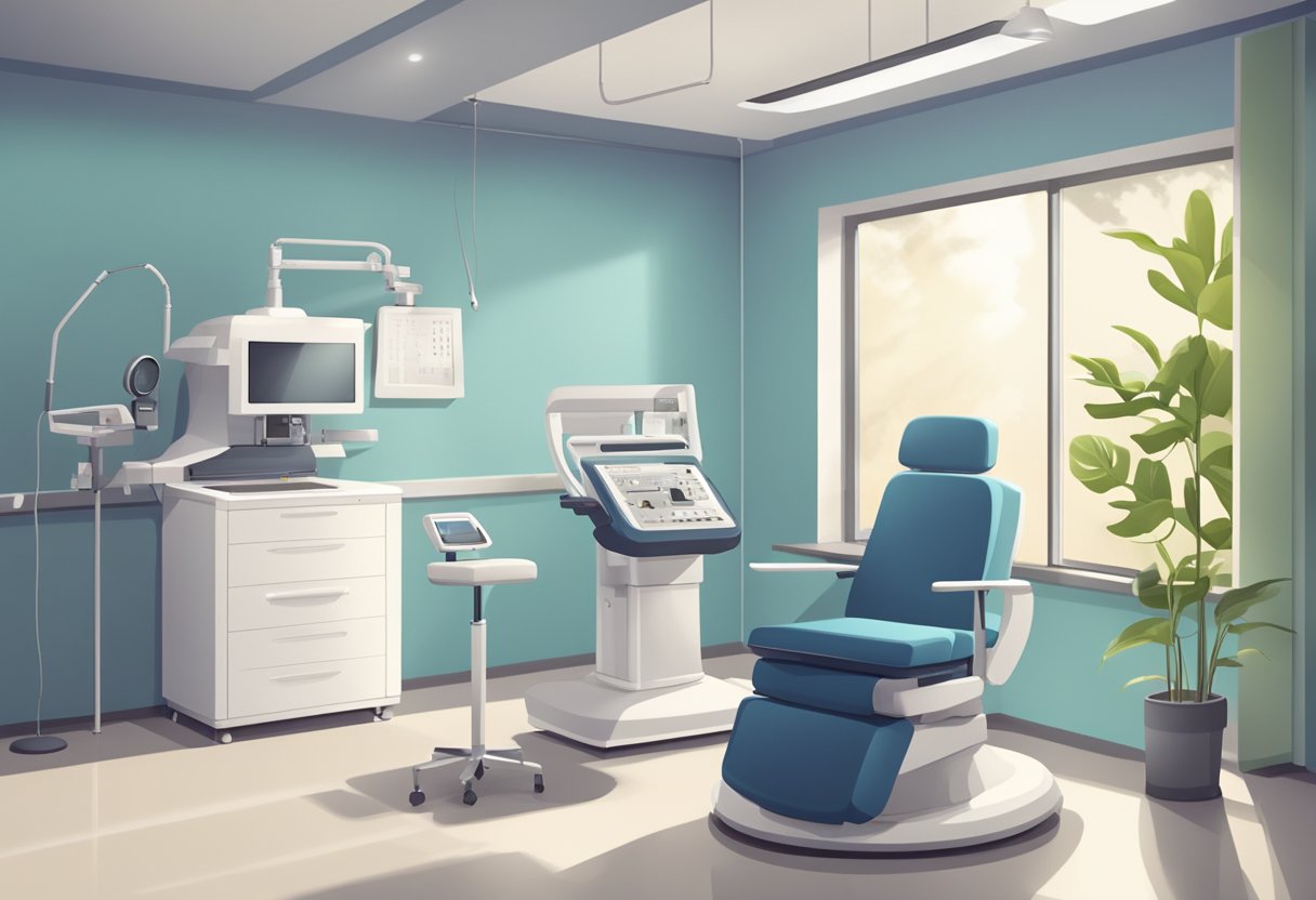 A serene, modern clinic room with a large eye chart on the wall, a laser machine, and a comfortable reclining chair for post-treatment care