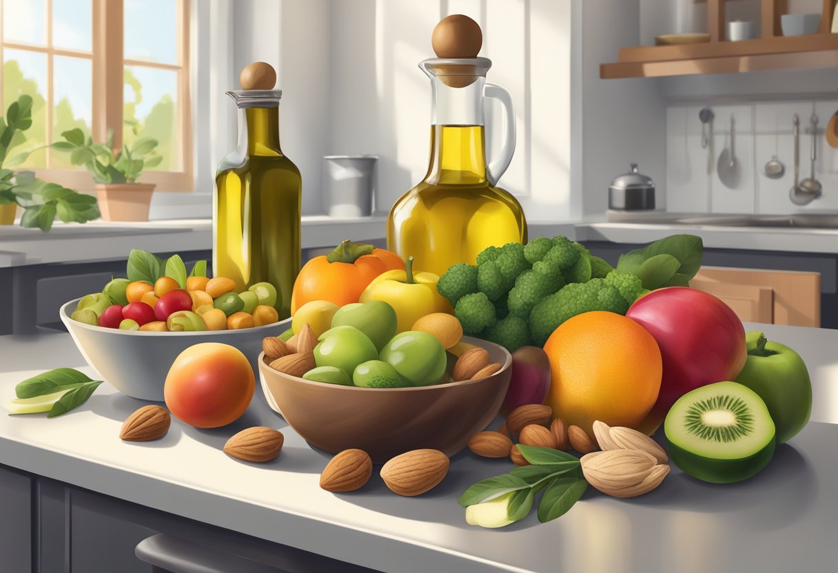 A bowl of colorful fruits and vegetables arranged next to a bottle of olive oil and a handful of nuts on a kitchen counter