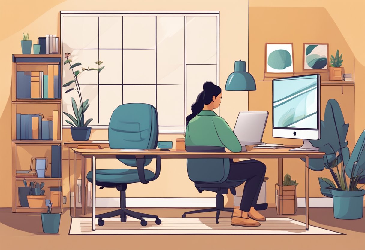 A cozy home office with a computer, desk, and comfortable chair. A virtual therapy session is in progress, with a therapist and client on the screen