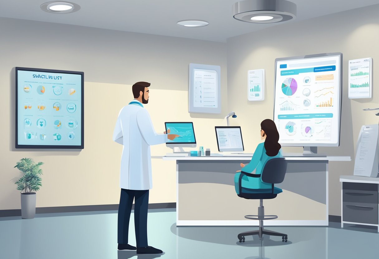 A doctor in a white coat consults with a patient in a modern clinic, pointing to a diagram of a scalp. Medical equipment and a price list are visible in the background