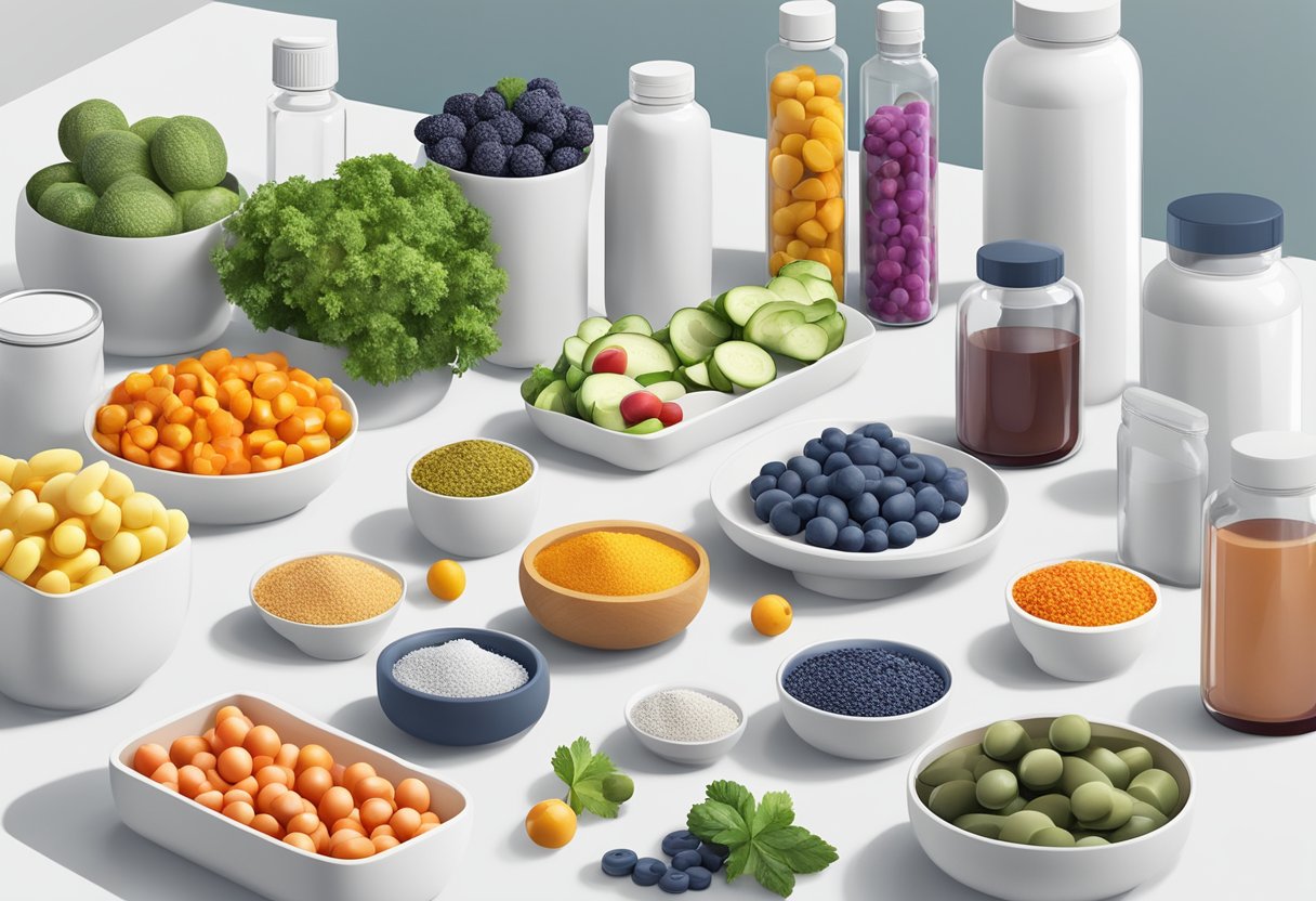 A variety of supplements arranged on a clean, white surface, including bottles, pills, and powders, with fresh fruits and vegetables in the background