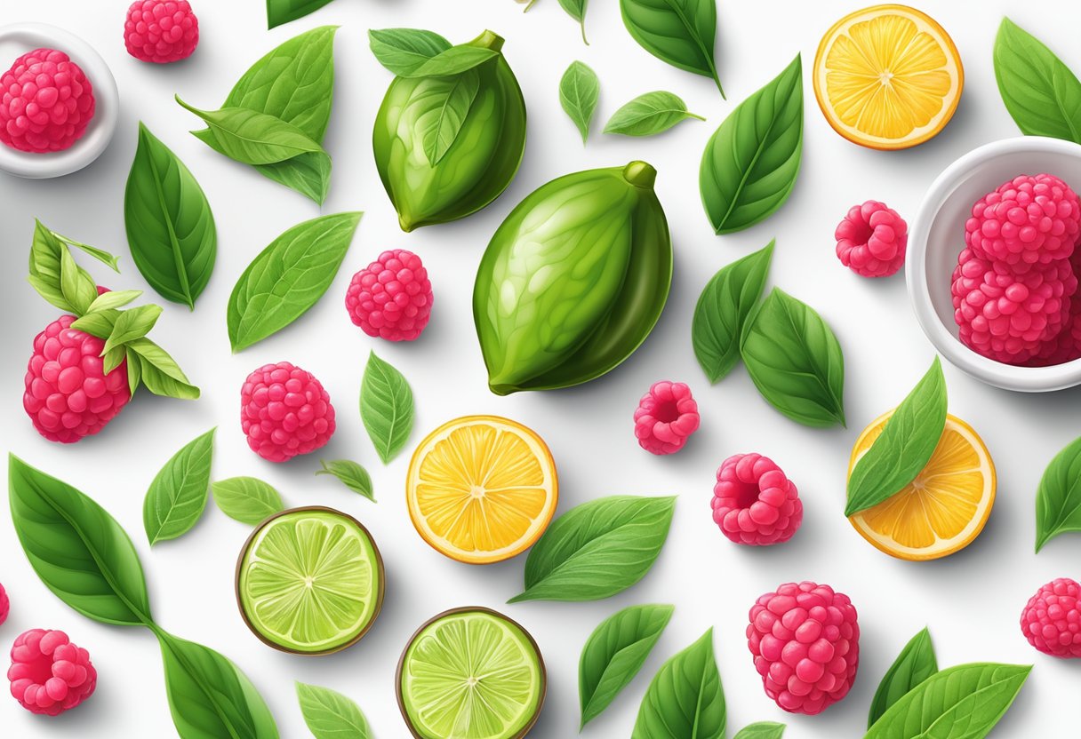 A colorful array of natural ingredients, such as green tea leaves, Garcinia Cambogia fruit, and raspberry ketones, arranged on a clean, white surface