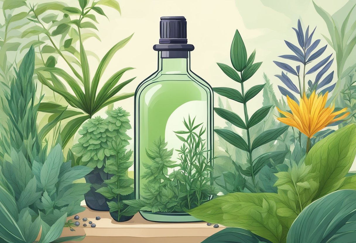 A serene landscape with a bottle of CBD oil surrounded by various plants and herbs, symbolizing the natural health benefits of the product