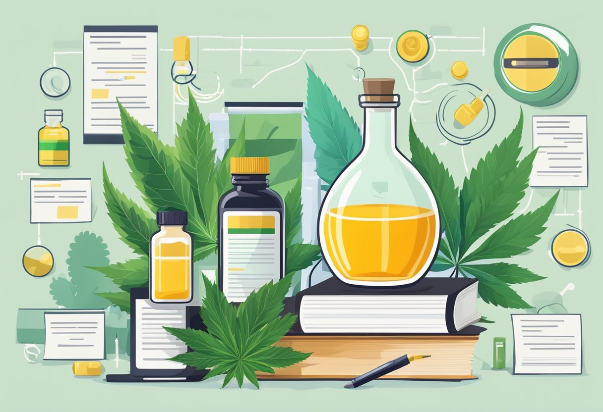 A bottle of CBD oil surrounded by various legal documents and regulatory guidelines. A visual representation of the health benefits of CBD oil, such as a healthy heart or a relaxed mind