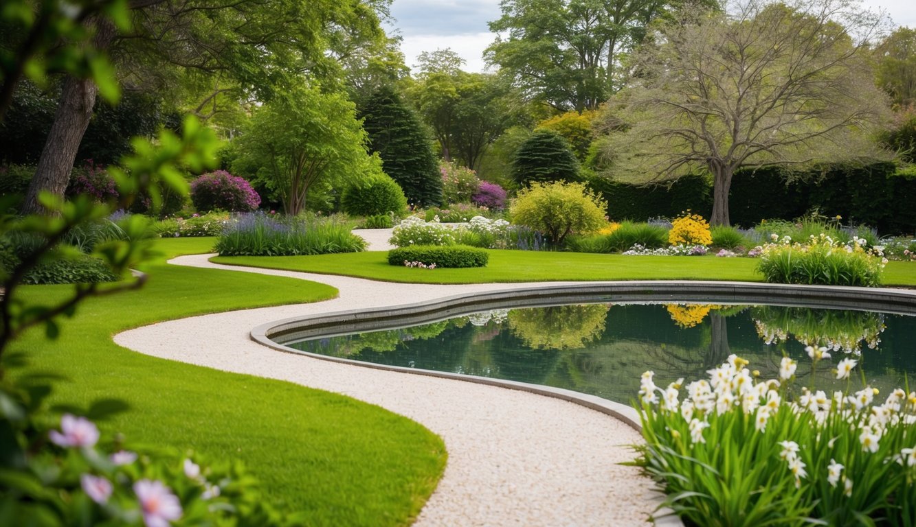 A serene garden with a winding path, blooming flowers, and a tranquil pond reflecting the surrounding trees