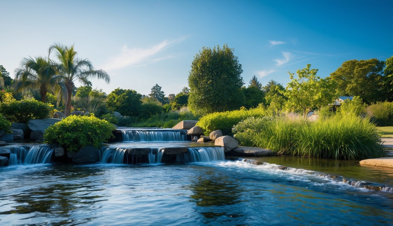 A serene, tranquil setting with a peaceful atmosphere, featuring elements of nature such as flowing water, lush greenery, and a clear blue sky