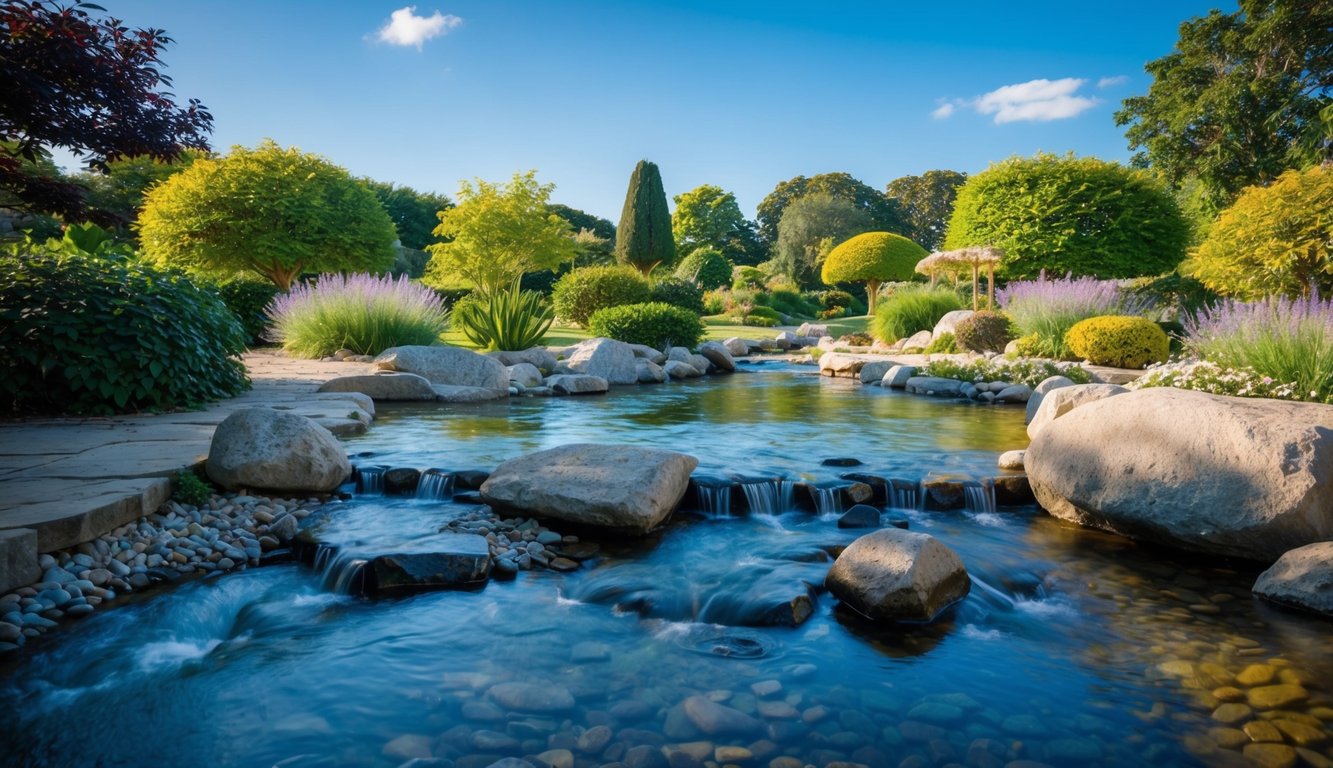 A serene, tranquil setting with a peaceful garden, a flowing stream, and a clear blue sky, evoking a sense of calm and inner peace