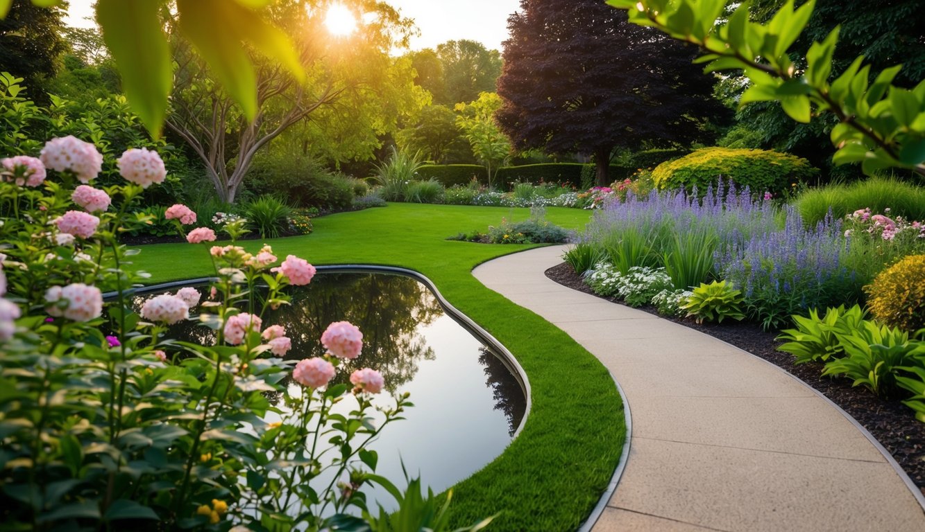 A tranquil garden with a winding path, blooming flowers, and a peaceful pond surrounded by lush greenery