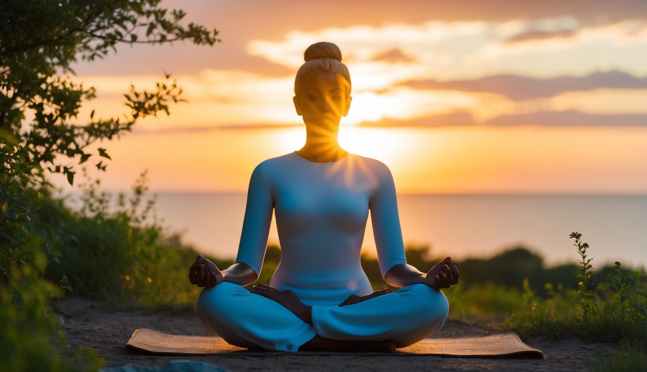 A serene figure sits cross-legged, surrounded by nature. The sun sets, casting a warm glow over the tranquil scene