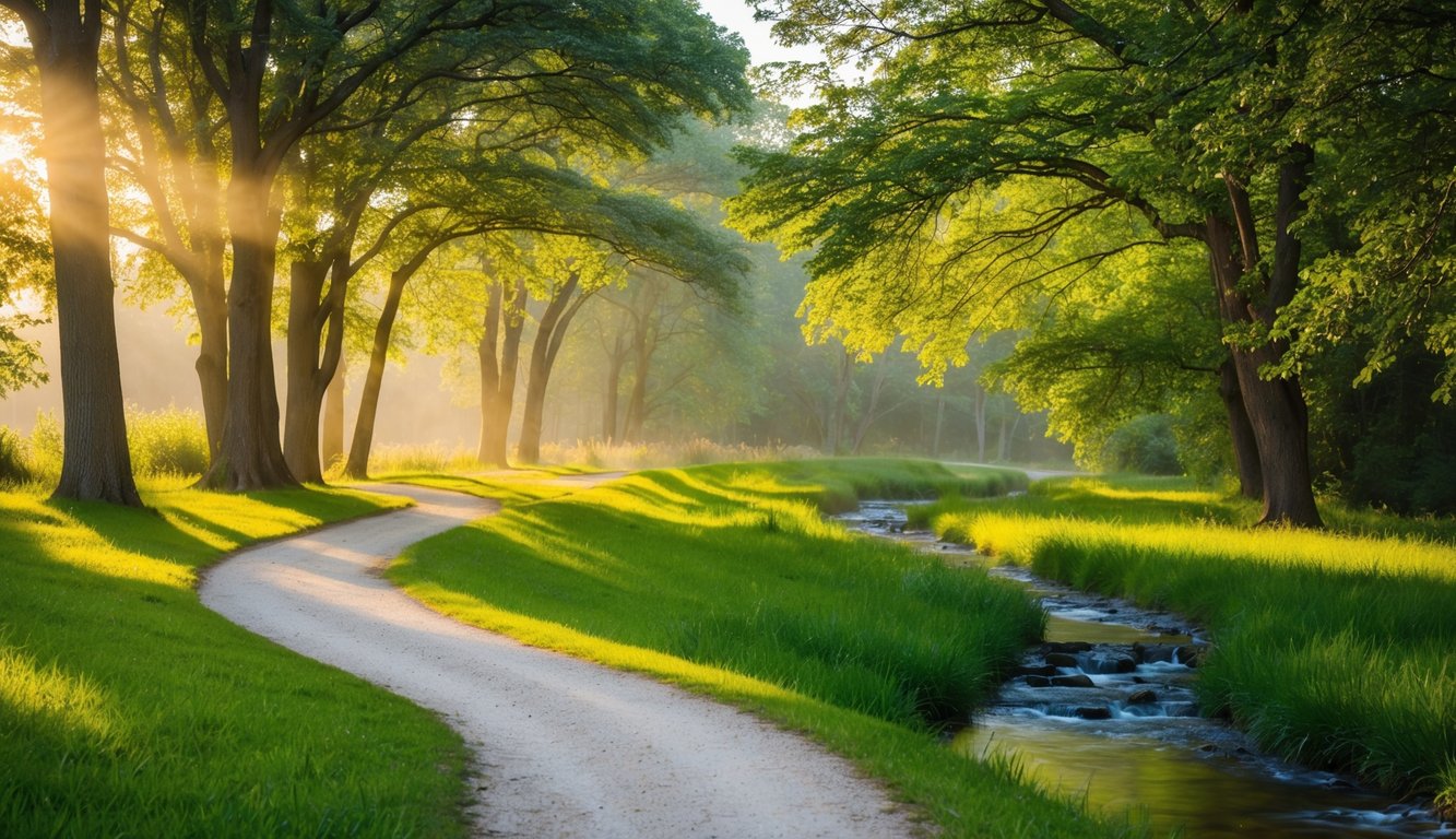 A serene landscape with a winding path leading through a peaceful forest, with dappled sunlight filtering through the trees and a tranquil stream flowing nearby