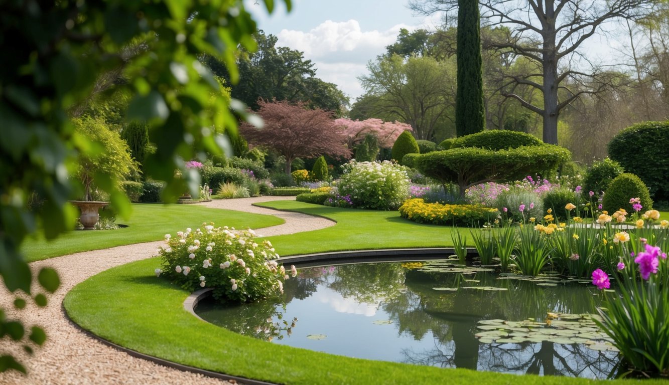 A tranquil garden with a winding path, blooming flowers, and a serene pond reflecting the surrounding trees