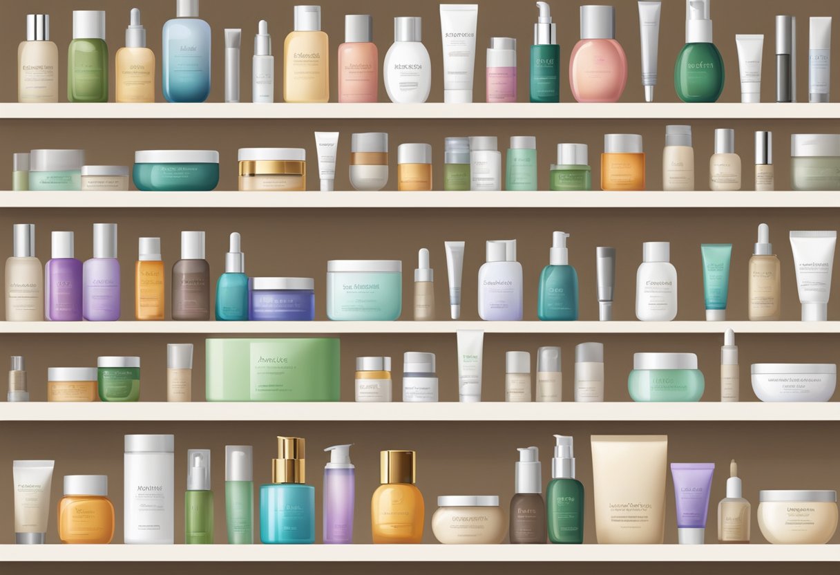 A shelf with various anti-aging products, including serums, creams, and masks, displayed in an elegant and organized manner