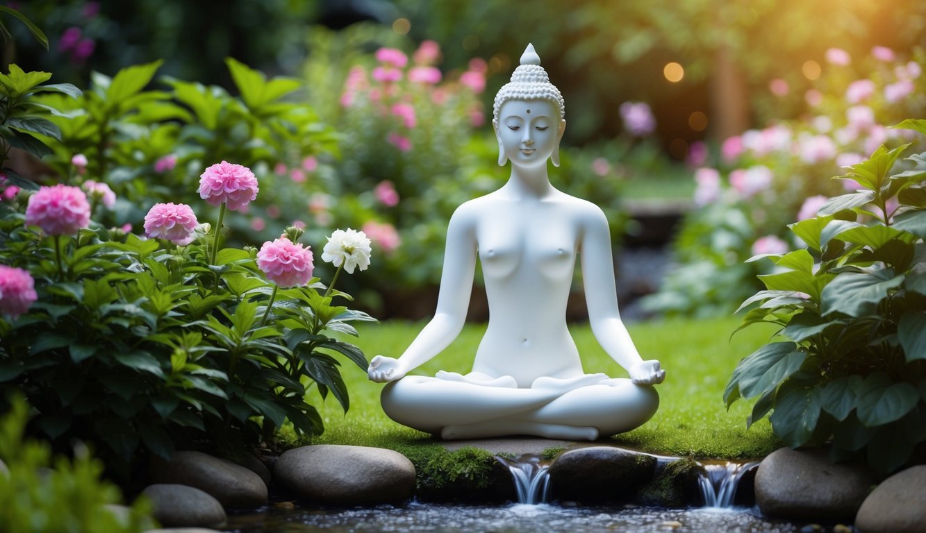 A serene figure meditates in a lush, tranquil garden, surrounded by blooming flowers and a peaceful flowing stream