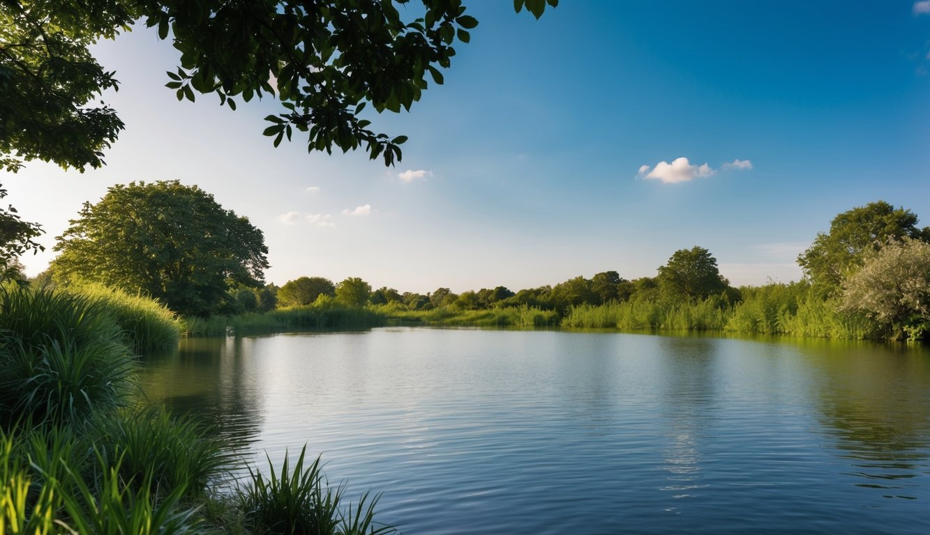 A serene, natural setting with a peaceful atmosphere, featuring elements such as a calm body of water, lush greenery, and a clear blue sky