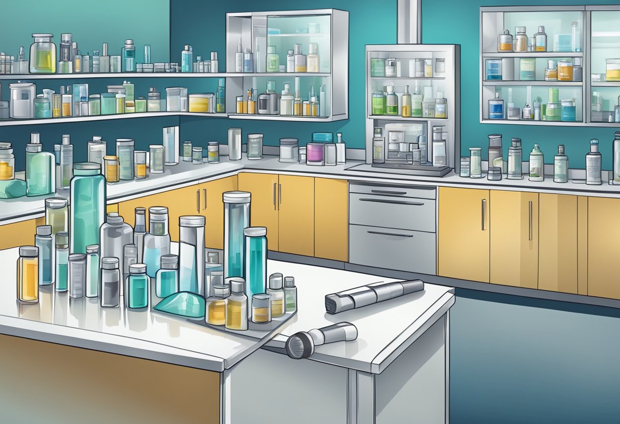 A laboratory setting with various anti-aging products and equipment for evaluating their efficacy