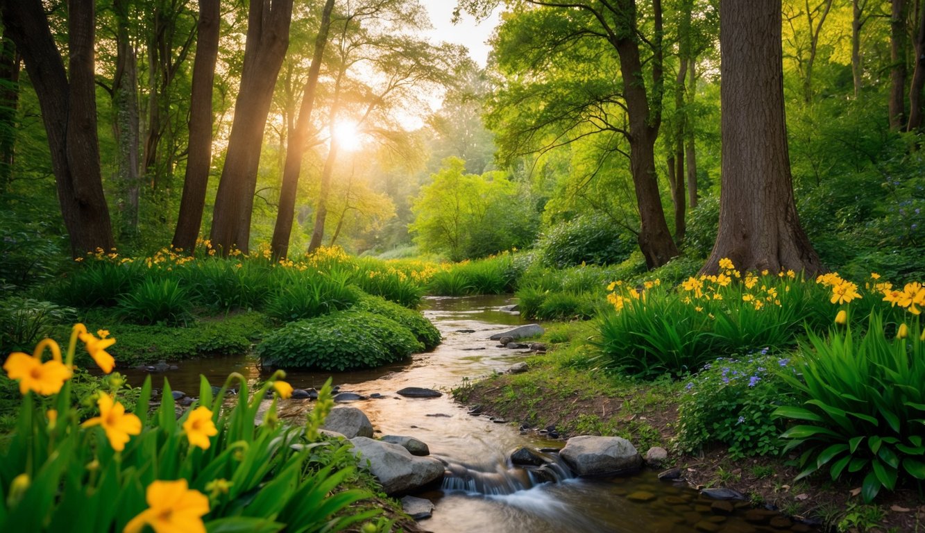 A serene forest clearing with a tranquil stream, surrounded by lush greenery and vibrant flowers, with a soft golden light filtering through the trees