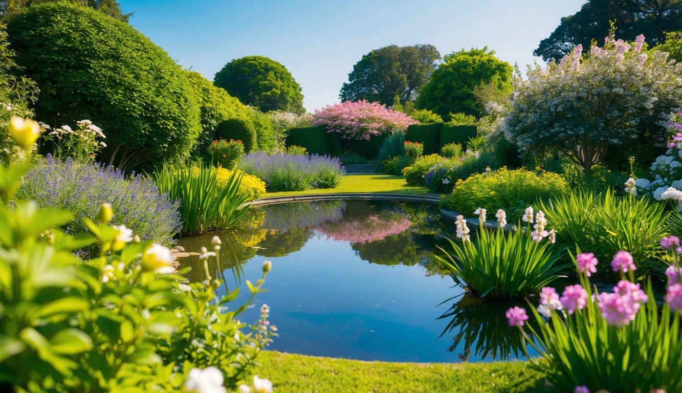 A serene garden with a peaceful pond, surrounded by lush greenery and blooming flowers, under a clear blue sky