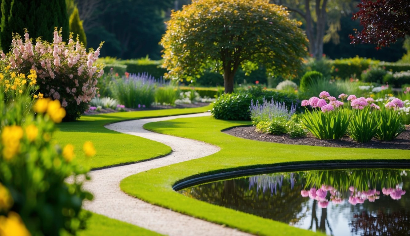 A peaceful garden with a winding path, blooming flowers, and a serene pond reflecting the surrounding trees