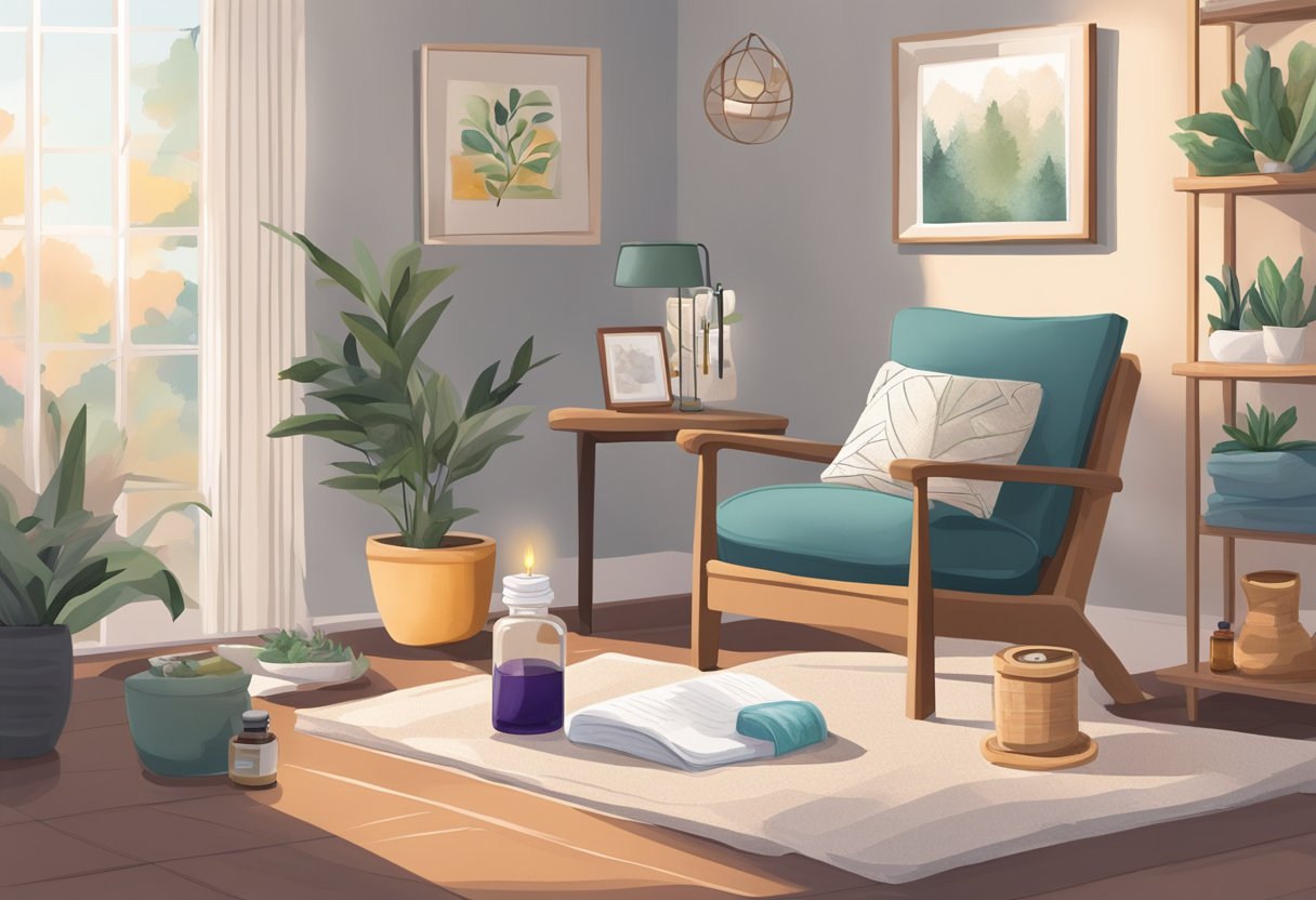 A serene setting with a cozy chair, heating pad, essential oils, and a journal for chronic pain management